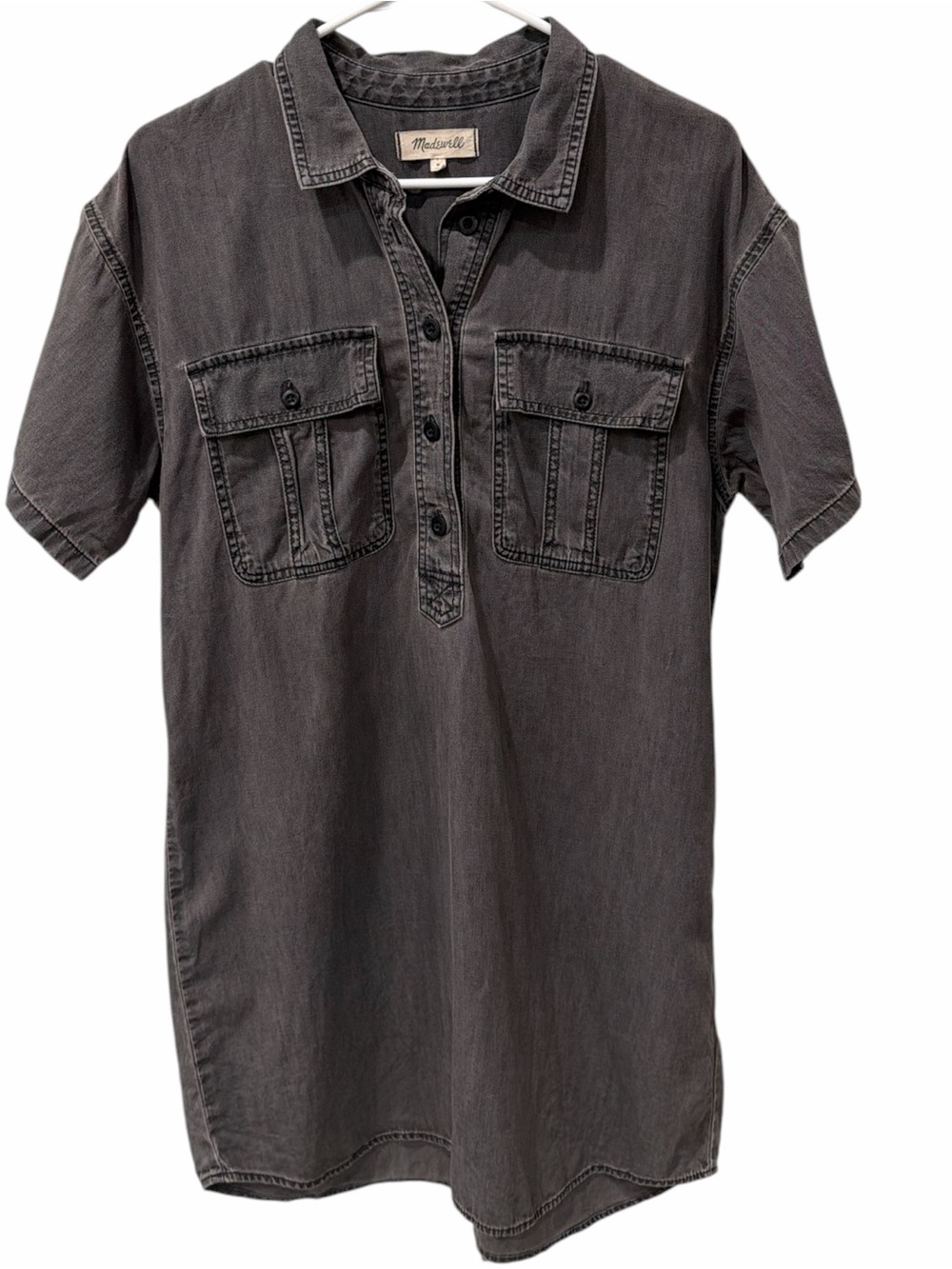 Madewell Denim Popover Shirt Dress Medium Charcoal Gray Utility Cotton Mini - Picture 2 of 6